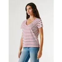 Pepe Jeans T-Shirt MEGAN V-NECK STRIPED aus Leinenmischung mit Glitzergarn