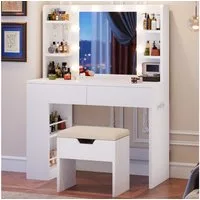 HOMALL Schminktisch Mit dreifarbiger LED-Beleuchtung, Helligkeit einstellbar (Länge × Breite × Höhe) 90 × 40 × 137 cm, mit Steckdose und 2 USB-Anschlüssen, seitliche Schränke links und rechts austauschbar, 8 offene Ablagefächer, 2 Schubladen, 4 Schmu