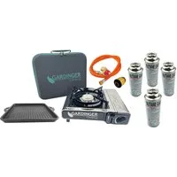 GARDINGER Camping-Gasgrill Campingkocher Safety Camp Allgas Piezo Grillplatte vier Kartuschen, Set, Adapterschlauch, Grillplatte, Kartuschen, Zündsicherung, Windschutz