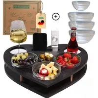 PEGSEN Servierplatte Couchbar Snackbox Herz mit 4 Snackschalen Sofa Tablett, Birkenholz, (lebensmittelechte Glasschalen), passend für Kaffeetassen, Weingläser & 0,5l Flaschen