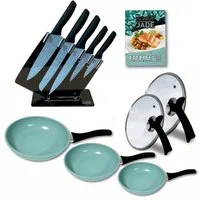 Starlyf Pfannen-Set Jade Pan Set + Jade Knife Series, Aluminium (Spar-Set, 11-tlg., 3 Pfannen, 2 Glasdeckel, 5 Messer, 1 Messerständer), Pfannen - Messerset - Messerblock