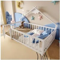 Flieks Kinderbett, Bodenbett Holzbett Hausbett 90x190cm mit Geländer