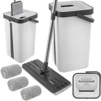 Ruhhy Wischmopp Wischmopp Set 2-Kammer Eimer 8,5L, Bodenwischer mit Auswringfunktion, (Packung-Set, Flachmopp mit Mikrofaser Aufsätzen für Nass- & Trockenreinigung), 360-Grad-Drehung & mit Mikrofaser Aufsätzen für Nass-&Trockenreinigung