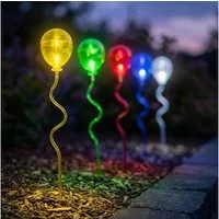 Harms Import LED Dekofigur, LED-Leuchtmittel fest verbaut, Farbig, Warmweiß, 5x LED Solarleuchte transparent bunt Luftballon mit Erdspieß H 60 cm