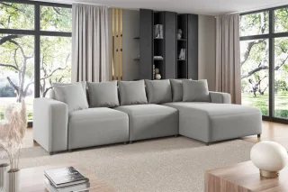 Ecksofa Designersofa Sofa MEGAN in Stoff Salvador Hellgrau Ottomane Rechts