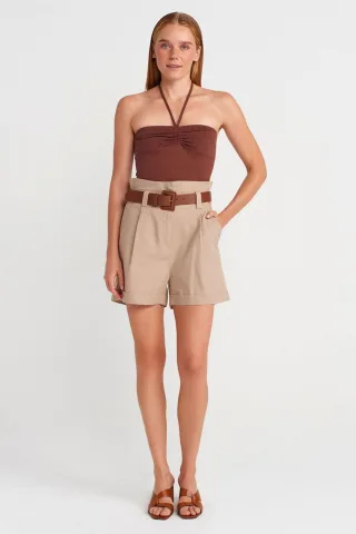 Hochtaillierte Shorts aus Leinenmix mit Gürtel