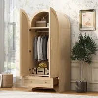 MODFU Kleiderschrank Doppeltüriger Schrank 70x55x170 cm, Mehrzweckschrank (Aufbewahrungsschrank mit Rattanstruktur, Schubladen und Ablagefächern für moderne Zuhause) Garderobenschrank Mehrzweckschrank