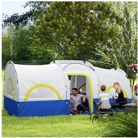 Outsunny Tunnelzelt Winddicht Campingzelt mit 3 Raum, UV Schutz, Meshfenster, Personen: 4 (Gruppenzelt, 1 tlg., 3000mm Wasserabweisend Familienzelt), für Garten, Camping, Blau