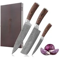 Wakoli Messer-Set 3er Damastmesser Set, Kochmesser Küchenmesser I 12,5 bis 20cm Klingen (Damastmesser mit Geschenkbox, 3-tlg., 1x Santoku, 1x Nakiri), aus 67 Lagen Damaststahl, VG-10 Stahlkern