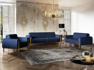 Sofaset Designersofas VALERIE 3-2-1 in Stoff Elisa Velvet Dunkelblau