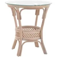 Krines Home Beistelltisch RattanTisch Beistelltisch Landhaus Rattantisch mit Glasplatte, Ø 59cm, Wohnzimmer Kaffetisch