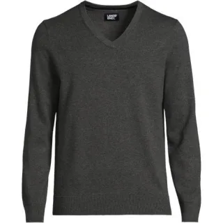 V-Pullover aus Baumwoll-Feinstrick, Herren,  Grau, Baumwolle, by Lands' End