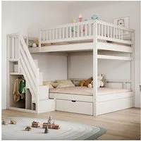 Merax Etagenbett (1-St., Hochbett Stockbett mit Sicherheitszaun), Massivholzbett Kinderbett 140x200cm mit Stauraumtreppe & Schublade