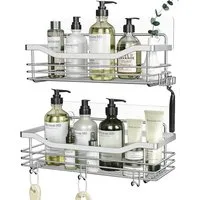 SURFOU Duschregal Duschablage Set ohne Bohren, Edelstahl Regal für Bad und Küche, Duschablage ohne Bohren 2 Stück set, mit 5 haken, zur Aufbewahrung von Shampoo, Duschgel, Handtüchern, Toilettenartikeln und Reinigungsmitteln, Rostfreier Wand-Duschreg