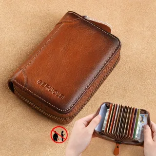 Ekphero RFID Blocking Genuine Leather Men's Card Holder, Vintage Cowhide Leather Large Capacity Multi-card Slot Short Cr