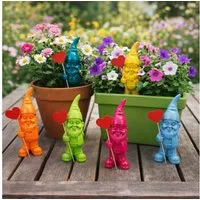 Online-Fuchs Gartenfigur für draußen - 6 lustig bunte Gartenzwerge, Wichtel - 17,5 cm groß, (inklusive Holzstecker mit Herz, 6 knallige Farben), Deko Figuren für Frühling, Sommer und Herbst - 6er Set!!!!
