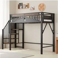 Flieks Hochbett Metallbett Kinderbett 90x200cm mit Treppe und Sicherheitszaun