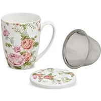 matches21 HOME & HOBBY Tasse Teetasse mit Deckel und Teesieb Blumen Rosen-Blüten, 1-tlg., Porzellan, Tee Kaffee-Becher Kaffeetasse, klassisch, weiss bunt, 300 ml
