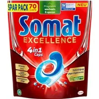 Somat 1x Somat Excellence 4in1 Caps (70 Caps), Spülmaschinentabs Spülmaschinentabs (1-St. sogar im Eco-Programm & bei niedrigen Temperaturen)