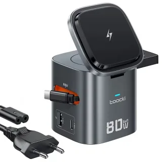 [GaN Tech] Toocki MX-CD155 80W 6-in-1 Desktop Charger Station USB-A+USB-C+USB-C Cable+3 Magnetic Wireless Charging Ports