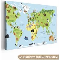 OneMillionCanvasses® Leinwandbild Weltkarte - Kinder - Tiere - Blau - Grün, Fotodruck (1 St), Leinwand Bilder Klein, Wand Dekoration Aesthetic 30x20 cm