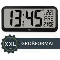 ADE Funkwanduhr Digitale Wanduhr XXL schwarz, zum Aufstellen, mit Alarm, mit Batterie (Temperaturanzeige, lautlos, ohne Tickgeräusche, perfekt für Senioren)