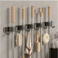 BlingBin Wandhaken Besenhalterung Wand Ohne Bohren, Besenhalter mit 5 Halter und 6 Haken, (1er Set, 1-St., mit 5 Halter und 6 Haken), Selbstklebend Edelstahl Organizer für Badezimmer, Garage, Garten