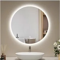 EMKE Badspiegel Runder Wandspiegel mit LED-Beleuchtung ohne Rahmen, Dimmbar Modern (50~80cm, Touchschalter), Kaltweiß Licht, Dimmbar, Memory Funktion, IP44