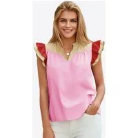 Imily Bela Blusenshirt Damen Kurzarm mit Colorblocking Rüschenärmeln und V-Ausschnitt (Packung, 1-tlg., 1per-Pack) aus Baumwolle