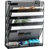SURFOU Zeitungsständer Zeitungsständer Zeitschriftenhalter Wand – 6-stufiger Hängender (6-stufiger Wand-Aktenhalter aus Metall, 40,5*32,5*10,5cm, Hängendes zeitungsständer, Schwarz, Robuster Aktenorganizer mit 5 Fächern & unterem Fach – Wandmontage m