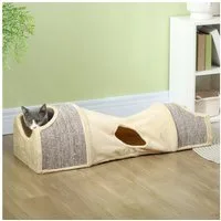 PawHut Tiertunnel Katzentunnel mit 2 Häuschen, 3 Öffnungen, Spanplatte, Plüsch, Beige