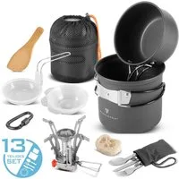 STAHLWERK Gaskocher Camping Kochgeschirr Alu Campinggeschirr Gaskocher Outdoor Set, (Set, Set), mit Topf, Pfanne, Gaskocher, Plastikschalen und Besteck