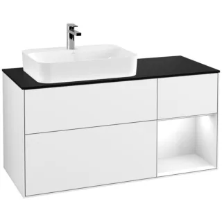 Villeroy und Boch Finion Waschtischunterschrank G402GFGF 120cm, Abdeckplatte black matt, Emotion, Regal rechts Glossy white lacquer, Glossy white lacquer
