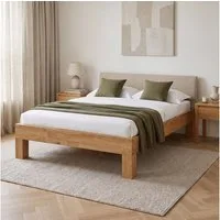 skølm Massivholzbett Floki aus Eiche mit Bettkopf aus Cord, natur geölt (140x200 cm, Kopfteil in beige), auch verfügbar in 180x200 cm