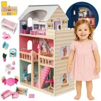 Mamabrum Puppenhaus 3-stöckiges Holzpuppenhaus mit Terrasse, Möbelset und LED