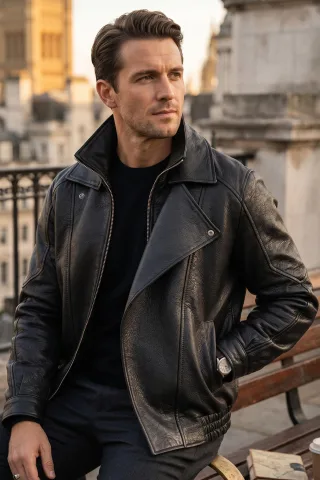 Herren Schwarze Lammleder-Biker-Bomber-Blouson-Jacke – Passage