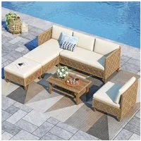 PHI VILLA Gartenlounge-Set, (1 Zweisitzer-Sofa, 2 Einzelsofas, 1 Chaiselongue und 1 Kleiner Couchtisch, PE Rattan Lounge Möbel Outdoor), 6 Personen Terassenmöbel Außen Gartensofa, Beige und Dunkelblau