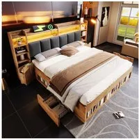 Odikalo Holzbett Doppelbett Polsterbett Jugendbett 160x200 180x200 mit LED & Stauraum (Systembett, Eichefarben, Nachttische mit USB- und Type-C-Anschlüssen, Stauraum und Rollschubladen, Lattenrost aus Holz (Ohne Matratze)