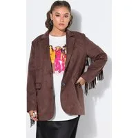 Studio Untold Blusenblazer Blazer oversized Velours Fakeleder Ärmelfransen