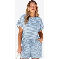Imily Bela Hausanzug Damen Sommer 2-teiliges Set Casual Lounge (Set, 1 tlg., 2er-Pack, gestreiftes T-Shirt+Shorts mit Kordelzug) gestreift mit Kordelzug und innenliegendem Gummizug