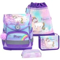 Belmil Schulranzen Compact 2026, Regenbogen Einhorn, 4tlg. Set ab 1. Klasse, Einschulung, für Mädchen