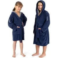 KangaROOS Kinderbademantel Dalia, Ideal für Zuhause, Schwimmbad oder im Urlaub, Langform, Veloursfrottier, Kapuze, Gürtel, Uni-Farben mit Streifen