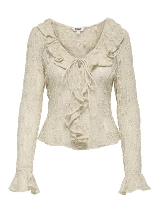 ONLY - ONLPEARLINA LS RUFFLE LACE TOP WVN Birch - Gr. - S