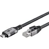 Ethernet-Kabel USB-C 3.2 Gen2 Stecker > RJ-45 Stecker, LAN-Adapter schwarz/silber, 7,5 Meter, geflochtener Textilmantel
