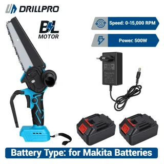 Drillpro 18V 6 Inch Electric Chainsaw Brushless Motor 500W 15,000RPM 6m/s Cutting Speed Compatible with Makita Battery P