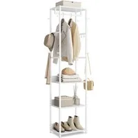 VASAGLE Garderobenständer Kleiderständer, Garderobe, für Kleidung, Taschen, Hüte, 30,5x47x180 cm, mit Kleiderstange und Haken, mit Ablagen, Stahlrahmen, wolkenweiß