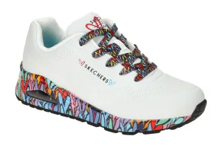 Skechers 177918 WMLT Damen UNO - RAVAGED LOVE Sneaker wei? + bunte Herzen