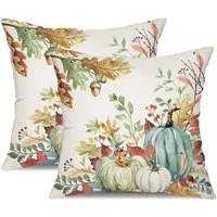 CLTYQ Kissenbezug Herbst-Kissenbezüge,grüne Aquarell-Kürbis-Abgefallene Blätter,45x45cm, 2 Stück,Herbst-Erntedankfest, Bauernhaus-Dekoration für die Couch