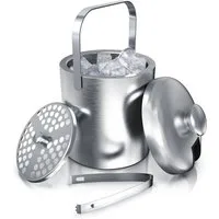 Arendo Eiseimer Edelstahl Eiswürfelbehälter mit Deckel, 1,3L, Eiseimer doppelwandig, Eiswürfelkühler, Eiskübel, mit Zange, Abtropffilter, Deckel, BPA frei