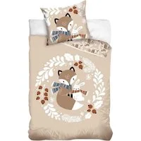 MTOnlinehandel Kinderbettwäsche Fuchs & Hase, Mako-Satin in 135x200 + 80x80 cm, 100% Baumwolle, 2 teilig, Bettwäsche-Set für Mädchen und Jungen, weich, sanft, Herbst, Blätter